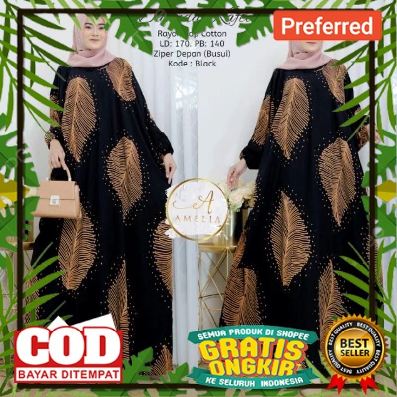Kaftan Wanita - Daunda Kaftan Size Jumbo XXXXL Motif Daun Lengan Panjang Busui Resleting by Nadira_F