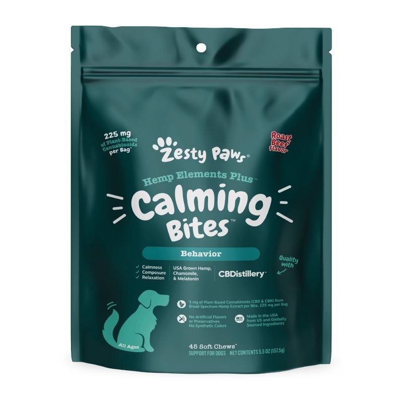 Zesty Paws Hemp Elements Plus Calming Bites - Behaviour Relaxation - Stress, Separation Anxiety - Fe