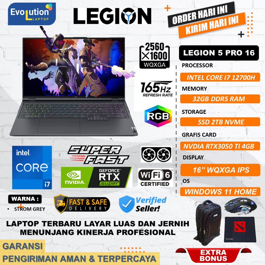 Laptop Gaming Lenovo Legion 5 Pro 16 CORE i7 12700H GEN12 Ram 32GB 2TB SSD RTX3050Ti 165HZ QHD+ Windows11