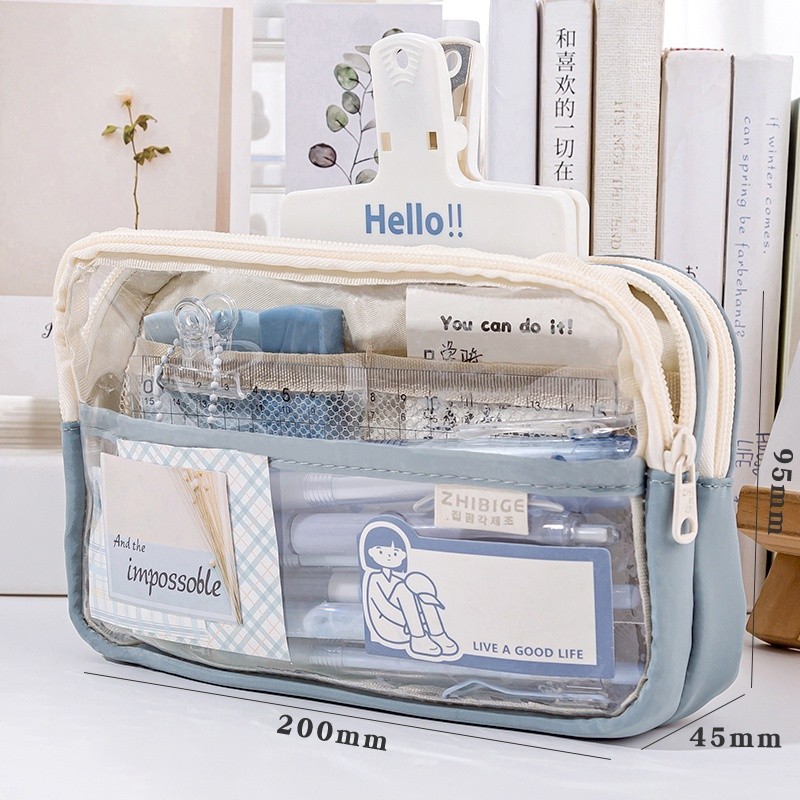 

Kotak Pensil / Pencil Case Transparan / Dan Stationery Dual Zipper / Dompet Pensil / Large Capacity Kawaii Pencil Cases / Pencil Bag Pouch Holder Box for Girls Office Student Stationery Organizer School Supplies barang aesthetic