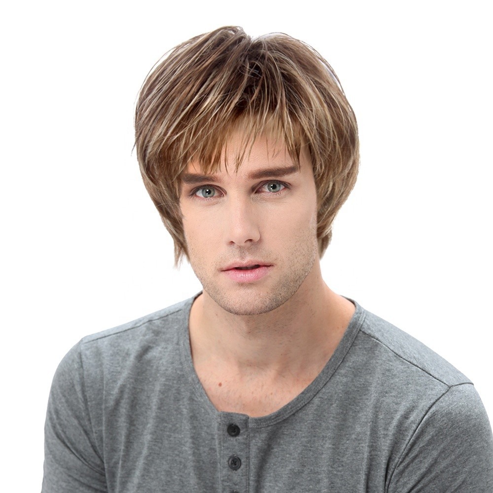 Wig Rambut Pria Murah Pabrik ST Guangzhou Wig Pendek Coklat Muda Alami Pria dengan Wig Rambut Sintet