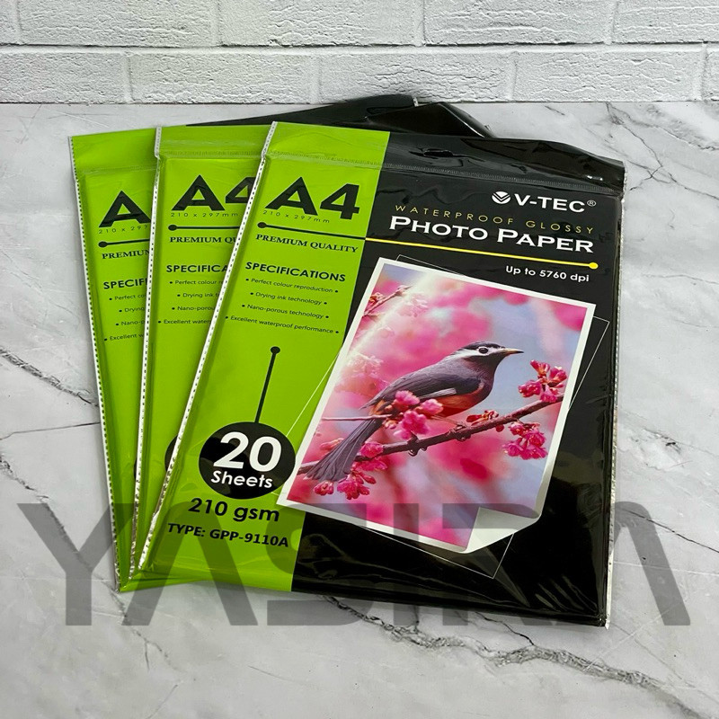 

20 LEMBAR SATU PACK Kertas Foto Glossy A4 V-Tec 210 Gsm