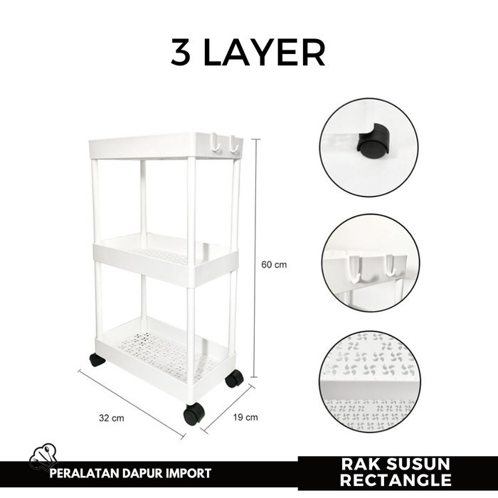 Rak Troli Susun Plastik Rak Toilet Rak Kamar Mandi Segi Empat - 2 SUSUN, Putih