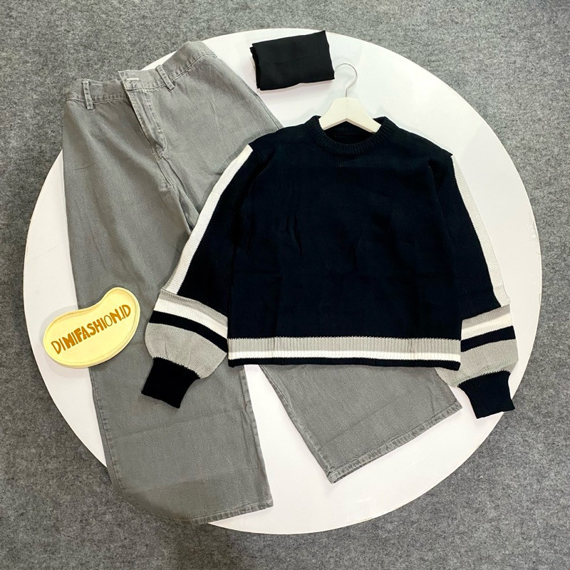 GREY SET | (sweater rajut+kulot jeans wash+bella square)