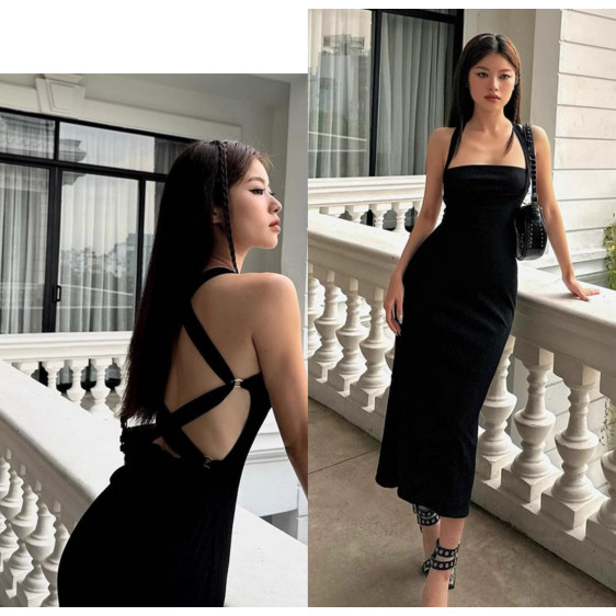 black dress hitam party elegant dress pantai midi dress press body panjang sexy korean style backles