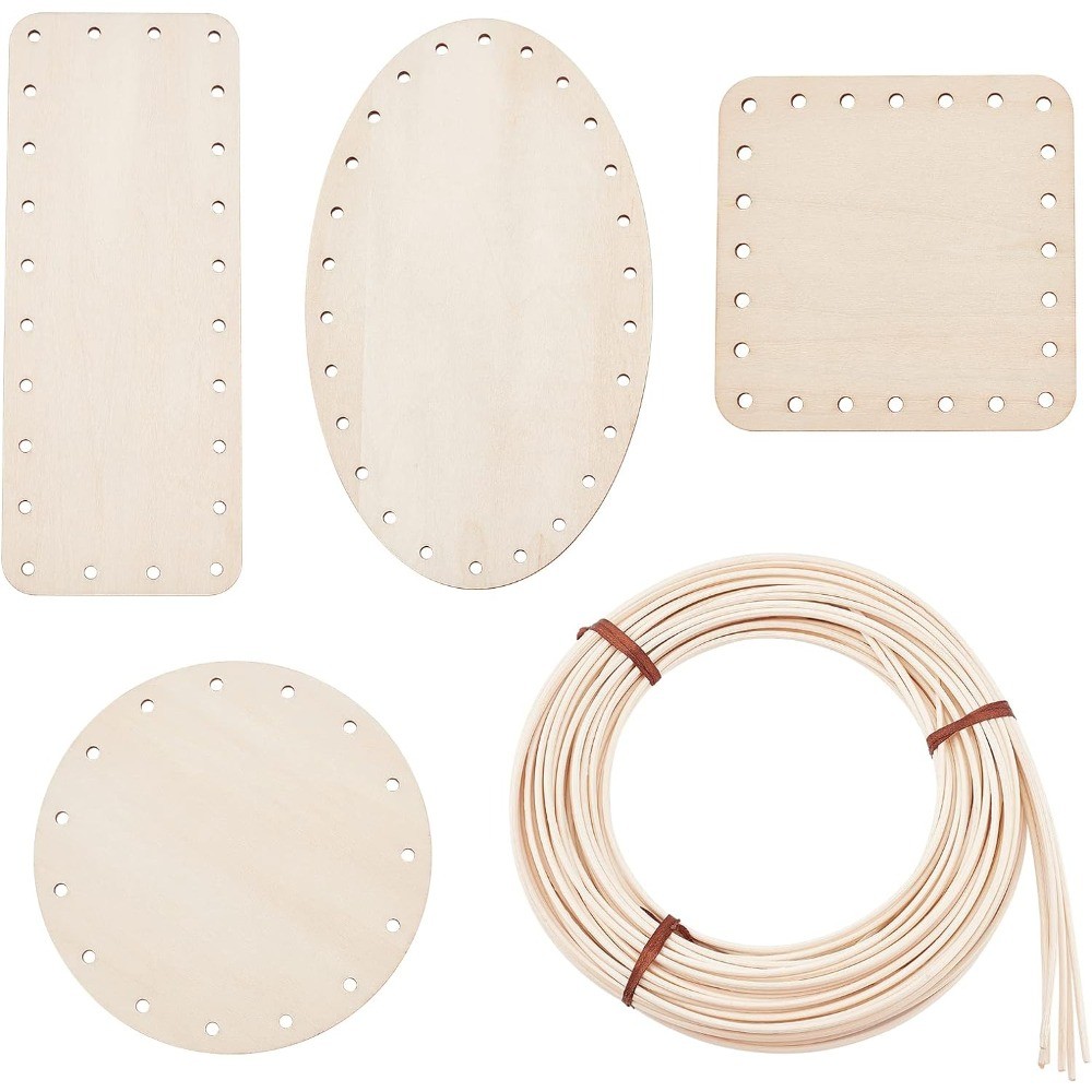 

Basket Kit 4Pcs Crochet Basket Wood Base Oval Wooden Base Rectangle Blank Crochet Base with 3mm Diameter Rattan Sticks
