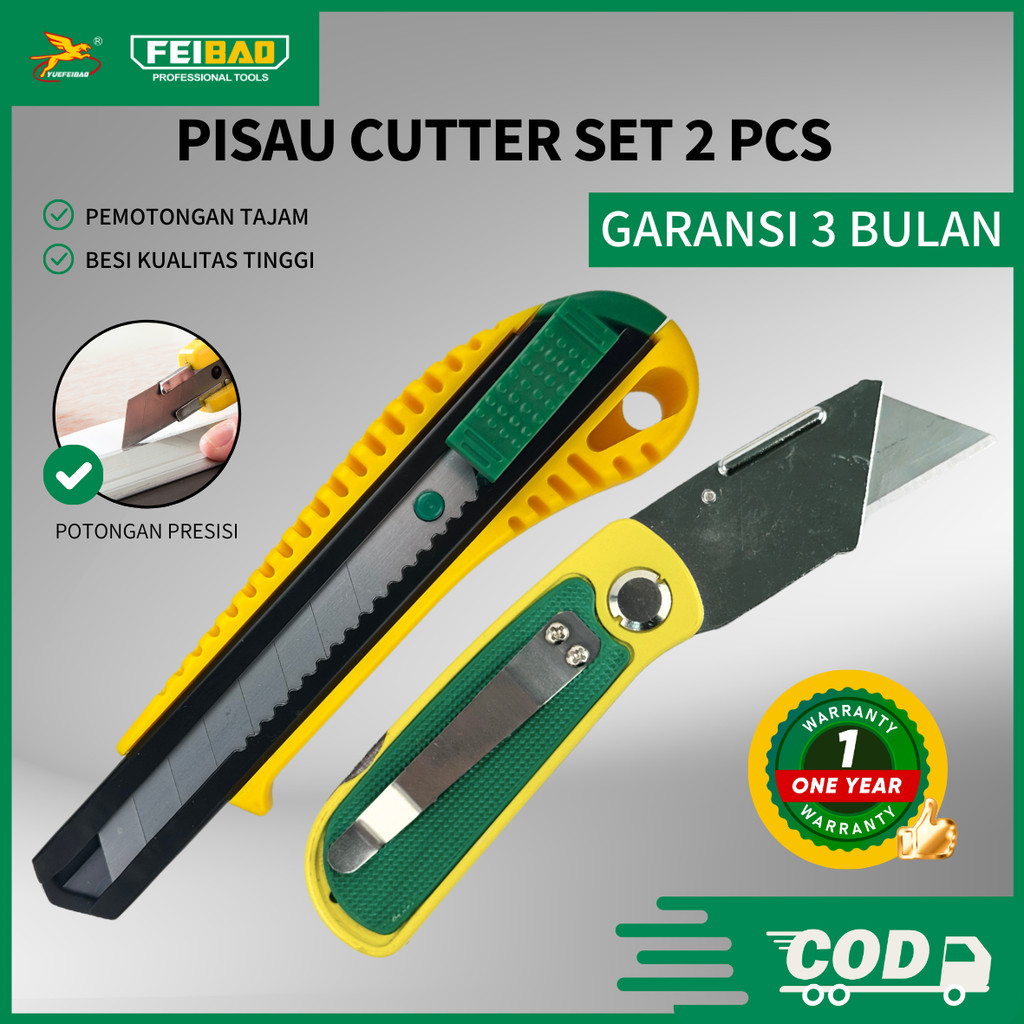 

Feibao Pisau Cutter Set 2 Pcs / 2 Pcs Set Utility Knife / Pisau Lurus Dan Hook / SK5 Steel / F32-302