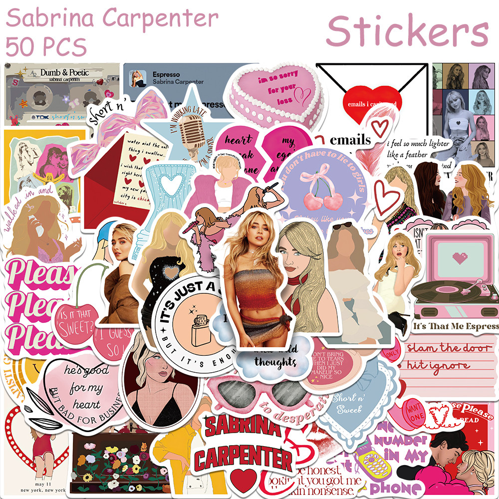 

50pcs Hot Singer Sabrina Carpenter Stickers Superstar Concerts Decals For Phone Laptop Luggage Guitar Pink Aesthetic Stickers