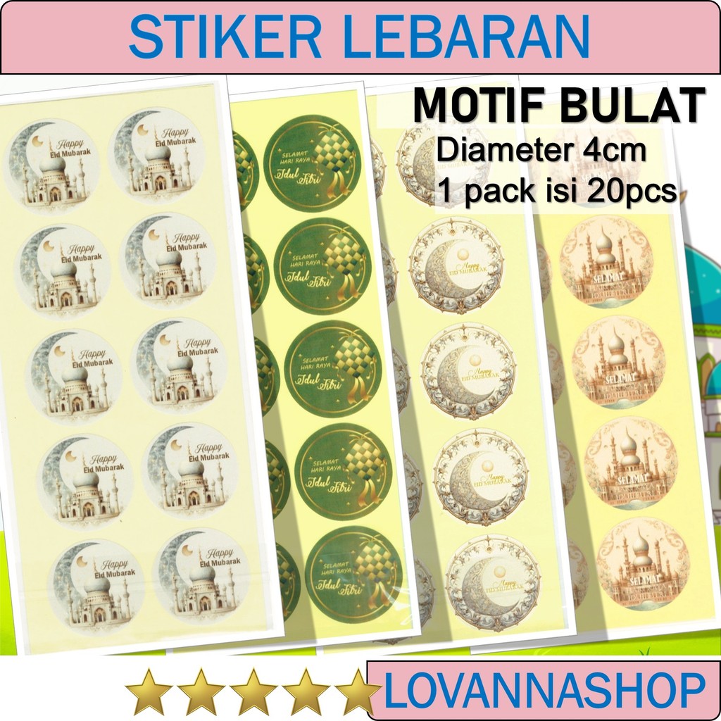

20 Stiker Bulat Idul Fitri Lebaran 4cm Eid Mubarak Motif Gambar Hari raya setiker Diameter 4 cm Selamat Happy Hari Raya Agama Bergambar Tema