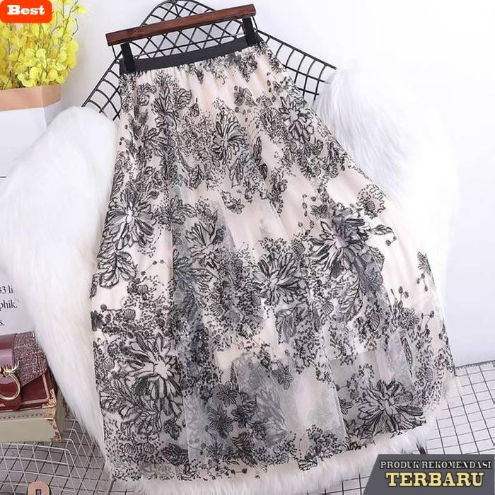 rok wanita kekinian Rok Tutu 3D Motif Timbul Import Panjang Wanita Bunga Floral / Maxi Skirt - Hitam