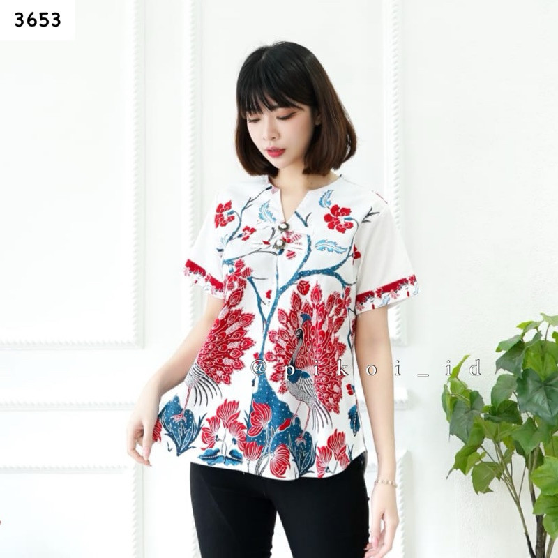Atasan batik wanita modern lengan pendek / baju batik wanita kancing shanghai / batik kerja 208