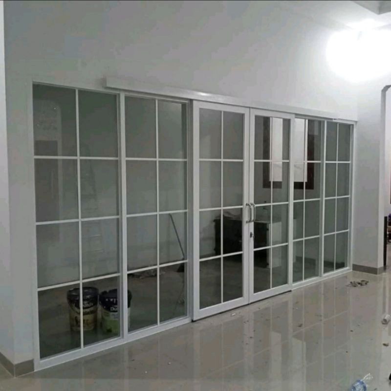 promo kusen pintu alumunium sliding gantung 2 daun + kaca mati costum
