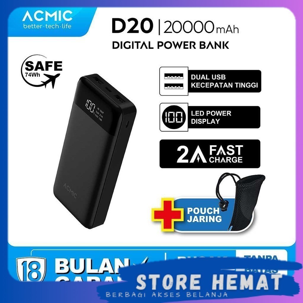 ACMIC D20 20000mAh Digital Display + 2A Fast Charge PowerBank