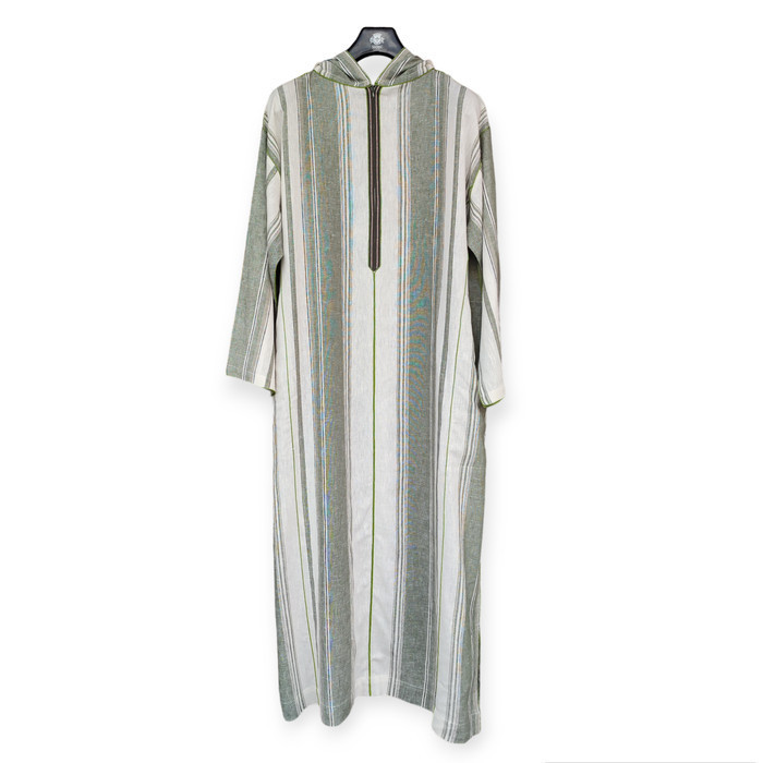 Gamis Hoodie/Kapucong/ Djellaba Maroko/Jalabah Jubah Linen Salur Hijau - L