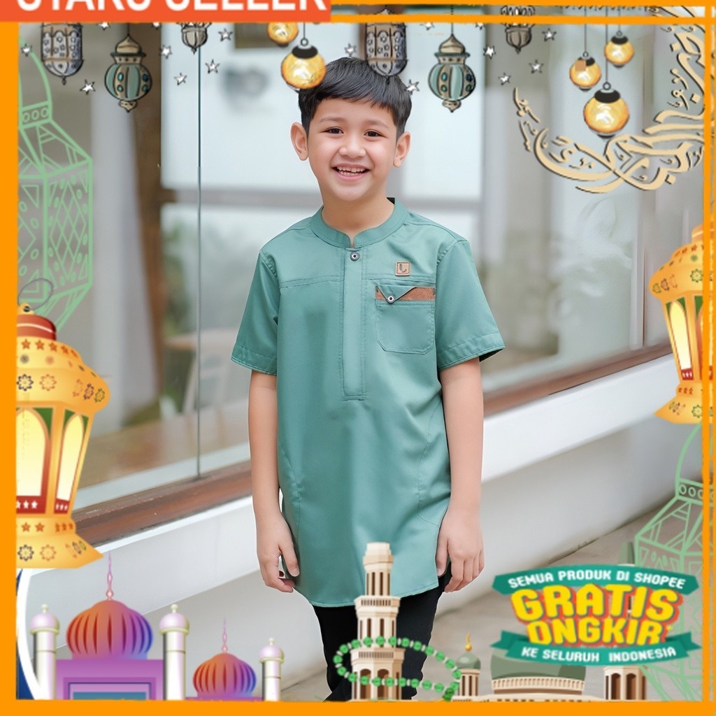 Baju Koko Kurta dan Baju Muslim Anak Terbaru Trendy dan Stylish Lengan Pendek Ijo Hijau Wardah/ Pink