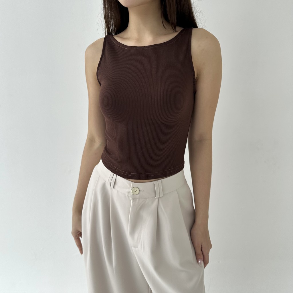 Atasan Wanita Tanktop Ribbed Knit Boat Neck Crop Top Stretch
