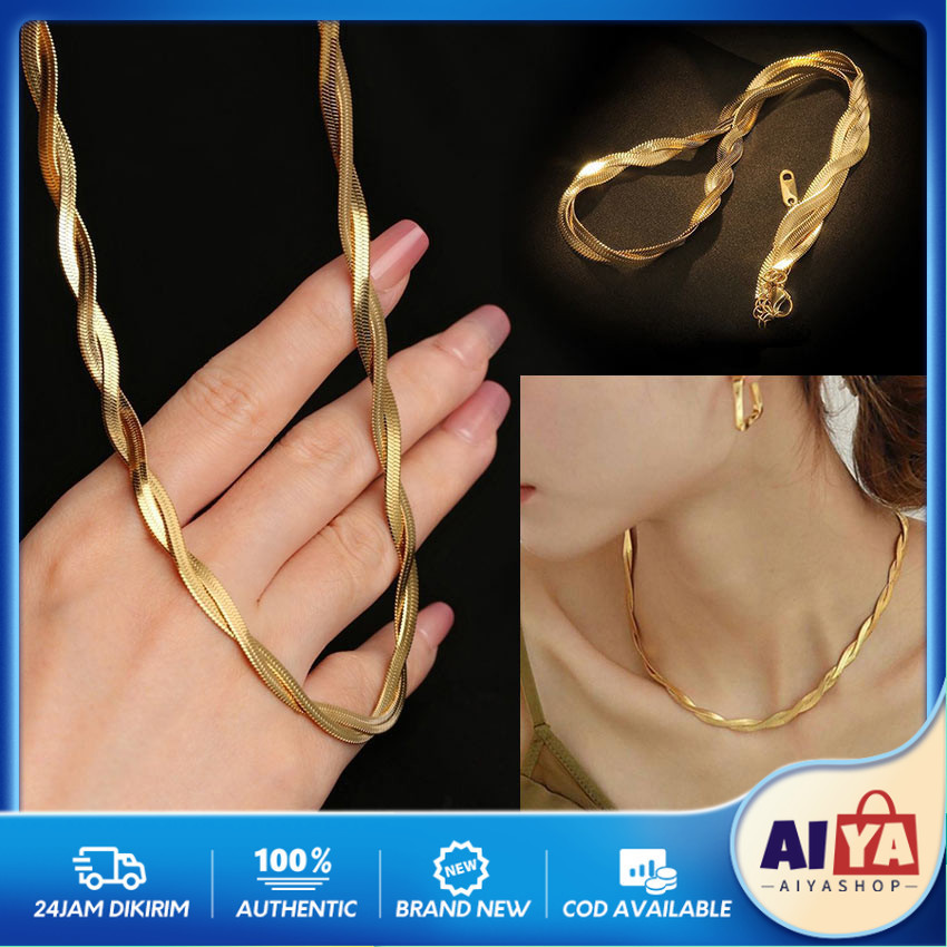 Kalung Titanium Gold Belut 2 Layer Emas Gold Necklace Choker Rantai Leher Kalung Wanita