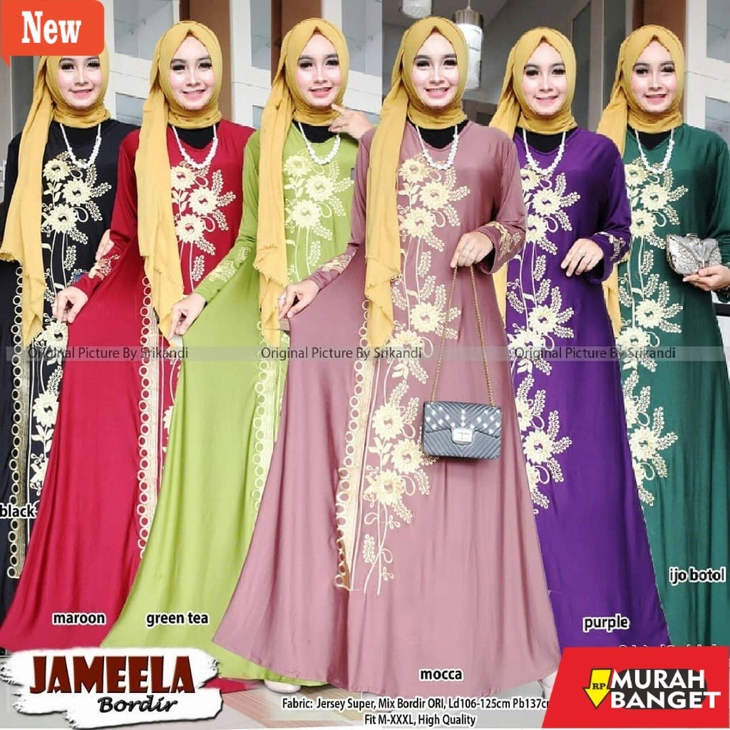 Baju lebaran ala Timur Tengah- Gamis Jumbo Jersey Motif Bordir xxxl Ld 130cm Hidayah Maxi Arabian Ja