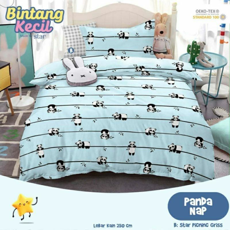 Bedcover + sprei anti geser katun star motif PANDA NAP blue
