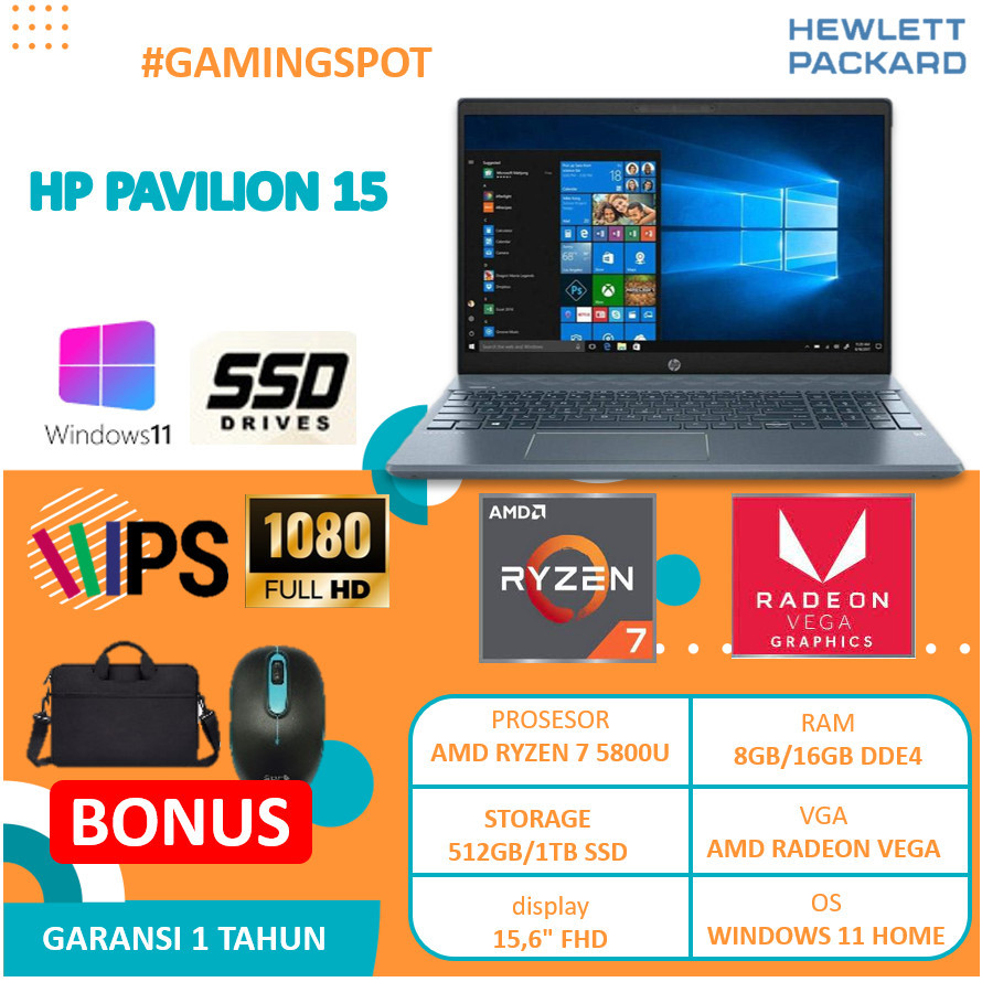 LAPTOP GAMING HP PAVILION 15 AMD RYZEN 7 5700U RADEON 8 FHD IPS