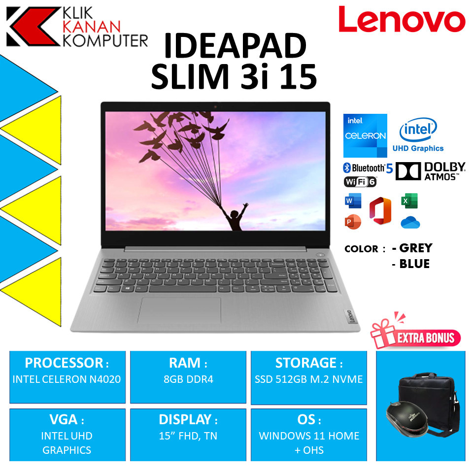 Laptop Murah Baru Lenovo Slim 3i 15 Intel N4020 Ram 8GB 512GB SSD HD Grapichs Windows 11 Original