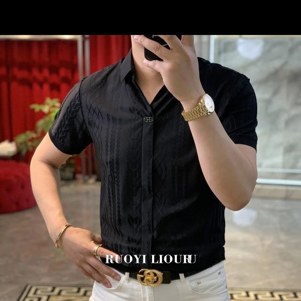 Kemeja Polo Garis Vertikal Bisnis Pria Lengan Pendek Atasan Hitam Baju Berkerah Original