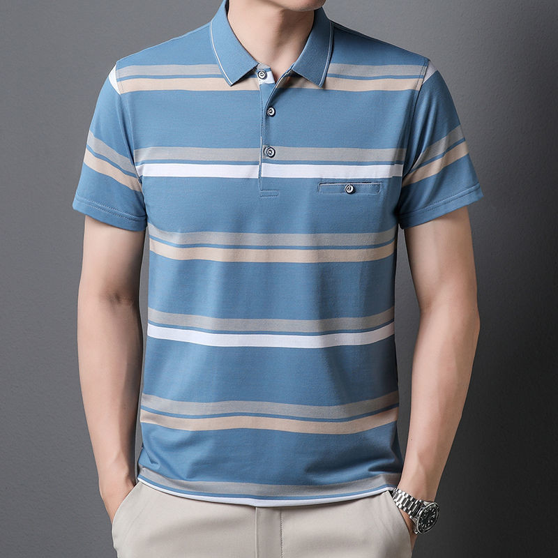 Kerah Lengan Pendek Pria Saku Garis Gris Kaos Kerah Cowok