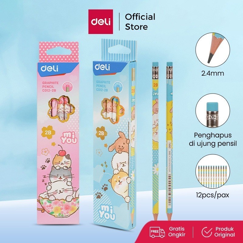 

BOBOMART X Deli Graphite Pencil / Pensil Kayu 2B Isi 12pcs/Pack dengan Penghapus Desain Miyou EC012-2B