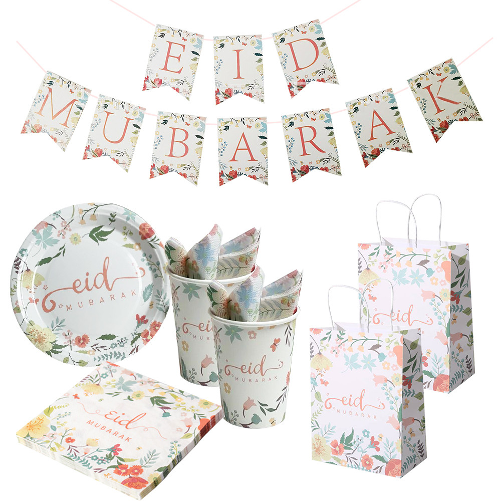 

New Eid Mubarak Disposable Tablewares Flower Wreath Round Flat Paper Cups Plates for 2023 Ramadan Kareem Home Party Decorations