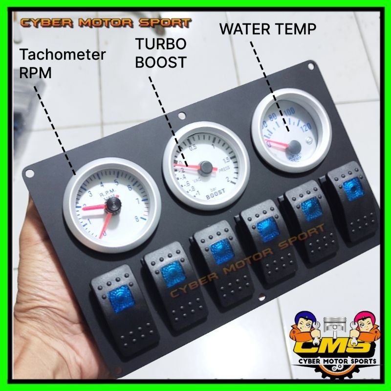 Triple gauge dashboard add on Tachometer mobil Rpm boost meter water temperature panel saklar mobil 