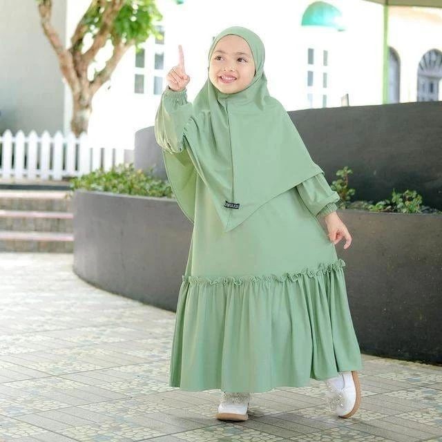 Baju Gamis Anak Syari Perempuan Set Jilbab 0-5 tahun Al yumna - Putih, S