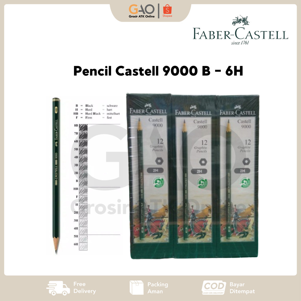 

Pencil Faber-Castell 9000 Per Pack Lengkap B - 6H (1 Pack Isi 12pcs)