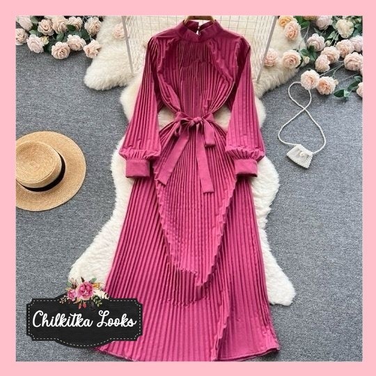 CHILKITKA LOOKS KOREAN FASHION STYLE NJ Jameela Gamis Plisket Maxi Wanita Muslim Gaun Dress Korean S