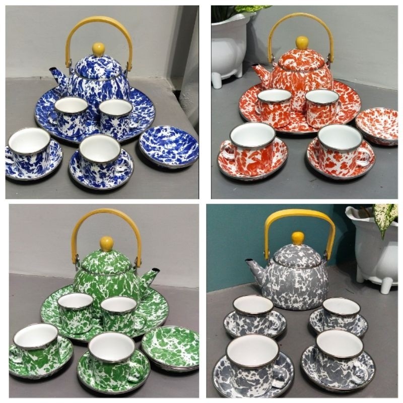 BEST SELLER!!! Set Lengkap Teko Mug Cangkir Blirik Lurik Jadul 10R+ nampan+4 mug D6