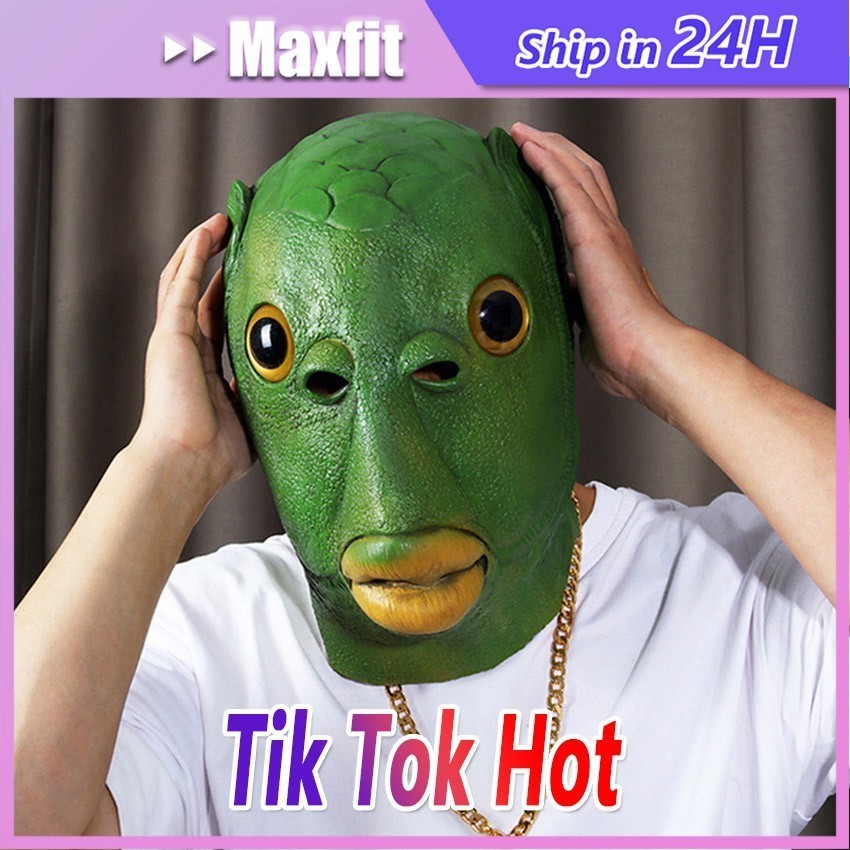 Mainan Topeng Cosplay Lucu Halloween Bentuk Kepala Ikan Warna Hijau Bahan Latex Topeng Pesta