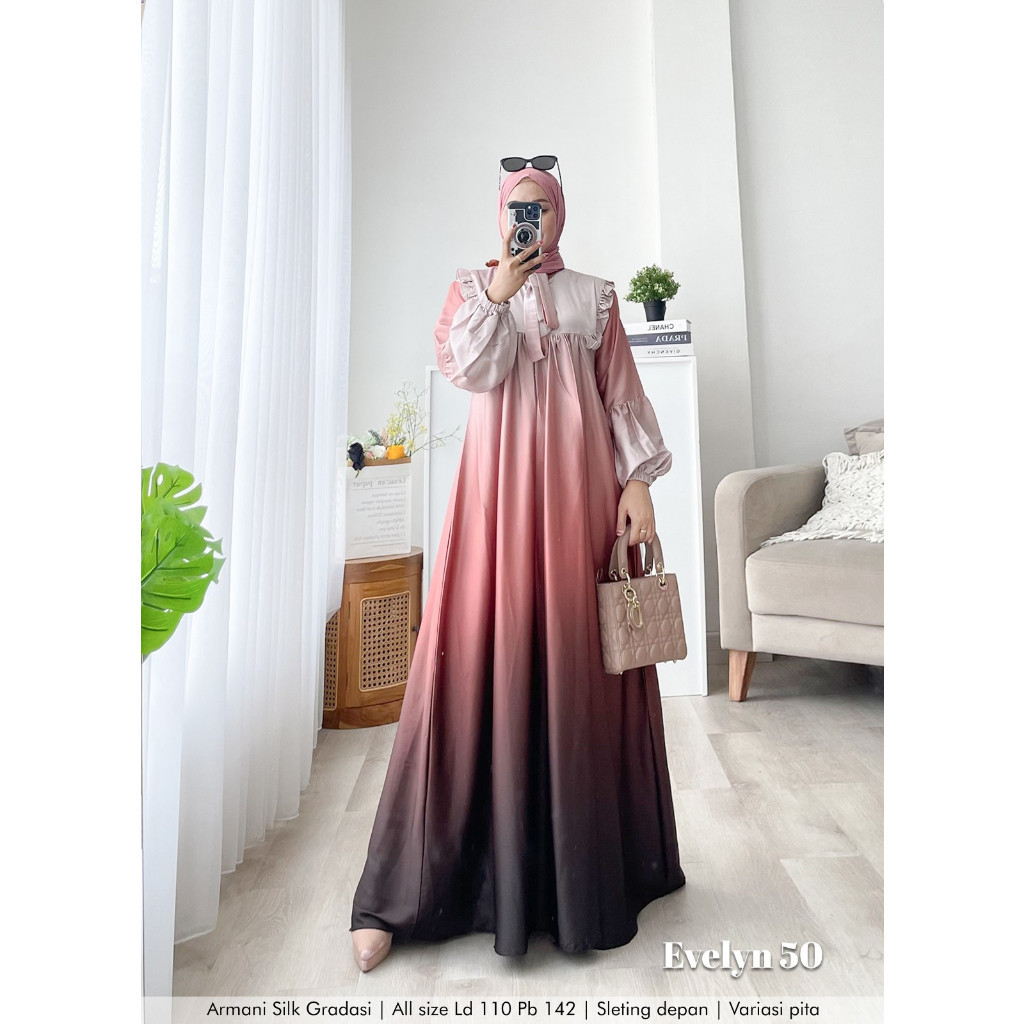 Gamis Wanita Evelyn 50 / Gamis Muslim Bahan Armani Silk / Gamis Muslim Syari Ibu Busui Dress