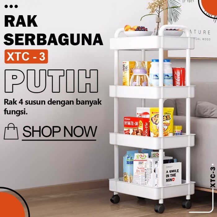 Rak Troli Susun Serbaguna Rak Dapur 4 Susun dengan Roda Rak Keranjang - XTC-3-HITAM