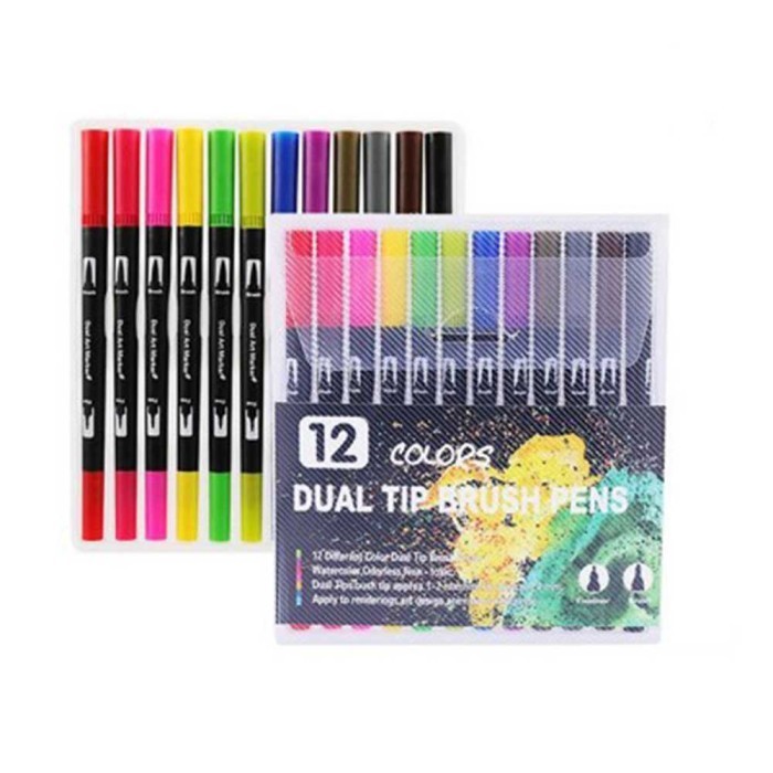 

Spidol warna double head drawing pen fine art watercolor brush marker - 12 Warna