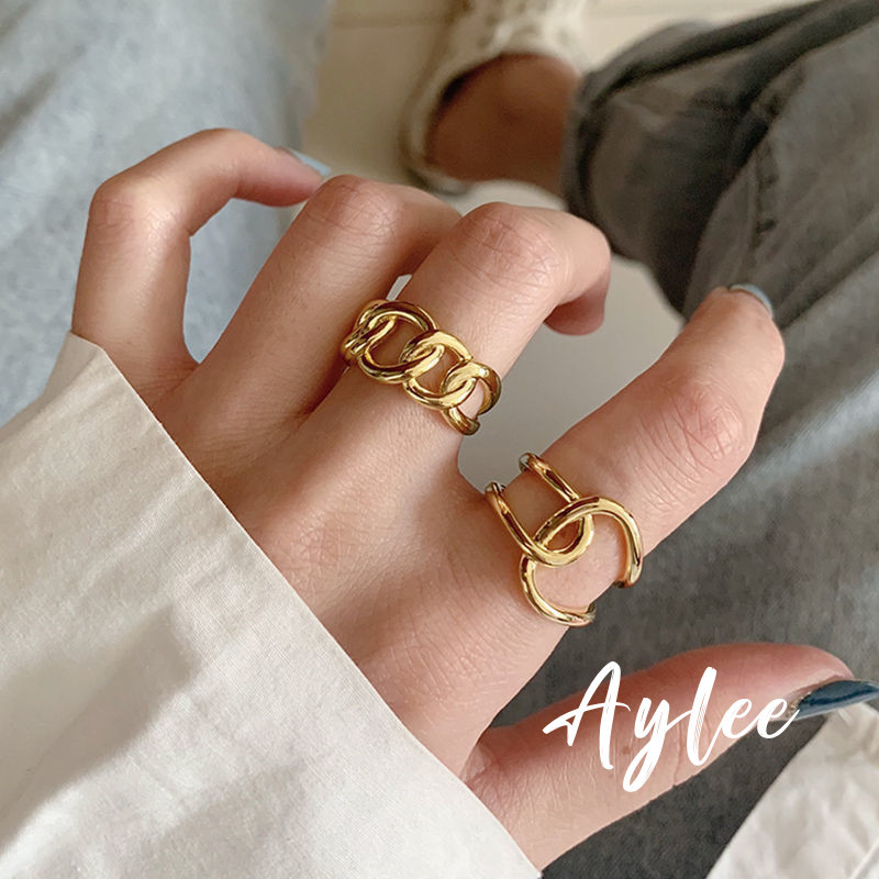 [Aylee]Emas Rantai Cincin Jari Telunjuk Set Cincin Logam Bukaan Tidak Beraturan Pasangan Pria dan Wa