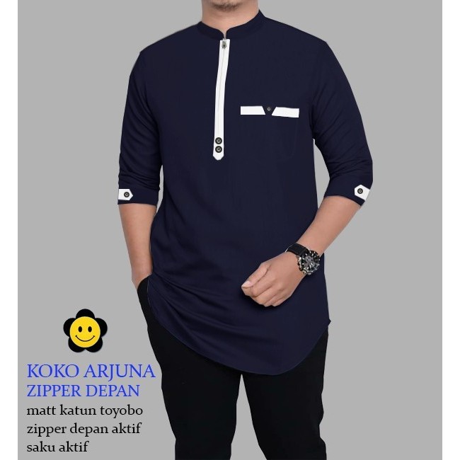 PROMO RAMADHAN LS KOKO ARJUNA Baju Koko Pria Zipper depan (7 WARNA) SIZE M - XXL - Navy, S