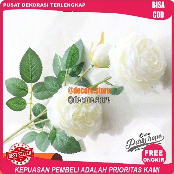 Cod Bunga Mawar 3 kuntum / Bunga Plastik mawar / Tanaman Artificial Bunga - Putih