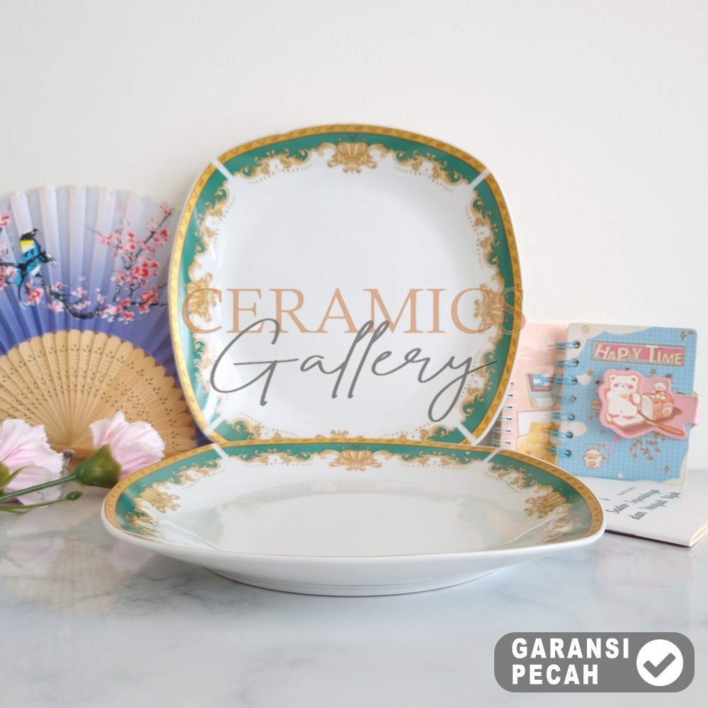 WINSTON 1pcs Piring Keramik MAHKOTA HIJAU 10in Piring Ceper Segi Piring Saji 27cm