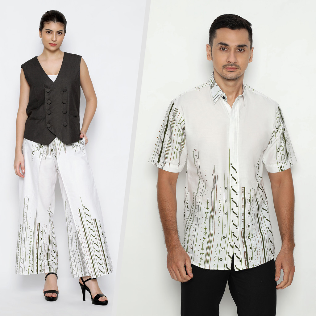 BAJU BATIK COUPLE Kemeja Rok Lilit Instan Batik Pria Lengan Pendek Warna Putih Hijau 72 Batik x Pisa