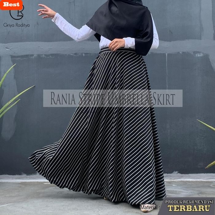 rok wanita kekinian Rok Panjang Wanita Payung Rania Stripe Umbrella Skirt Motif Garis Salur  Flare  