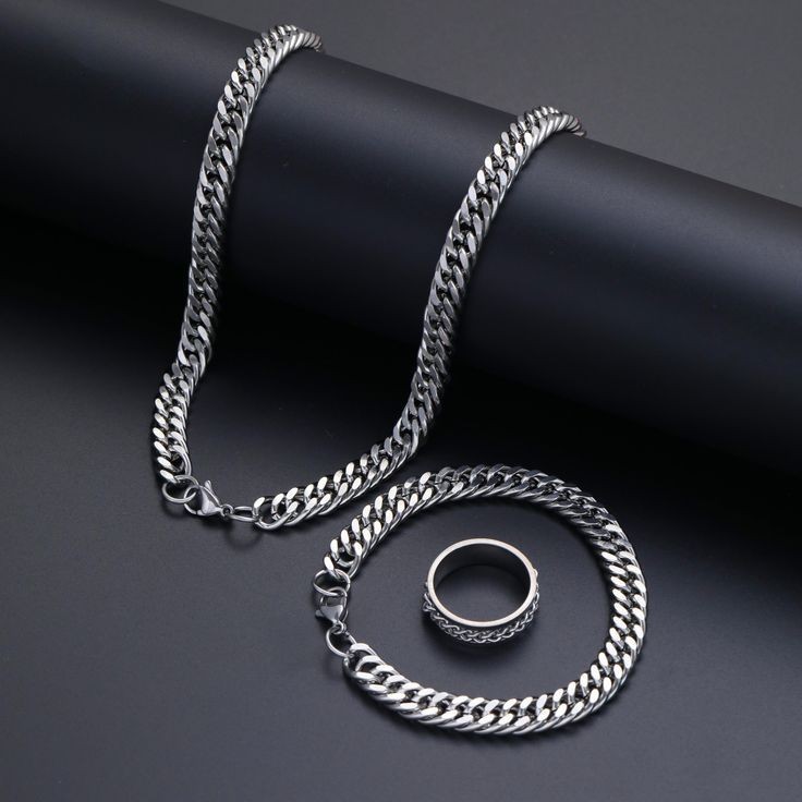 kalung dan gelang  Cincin Titanium Rantai Baja Kalung Rantai Double Pria Gelang Rantai Rapat Model T