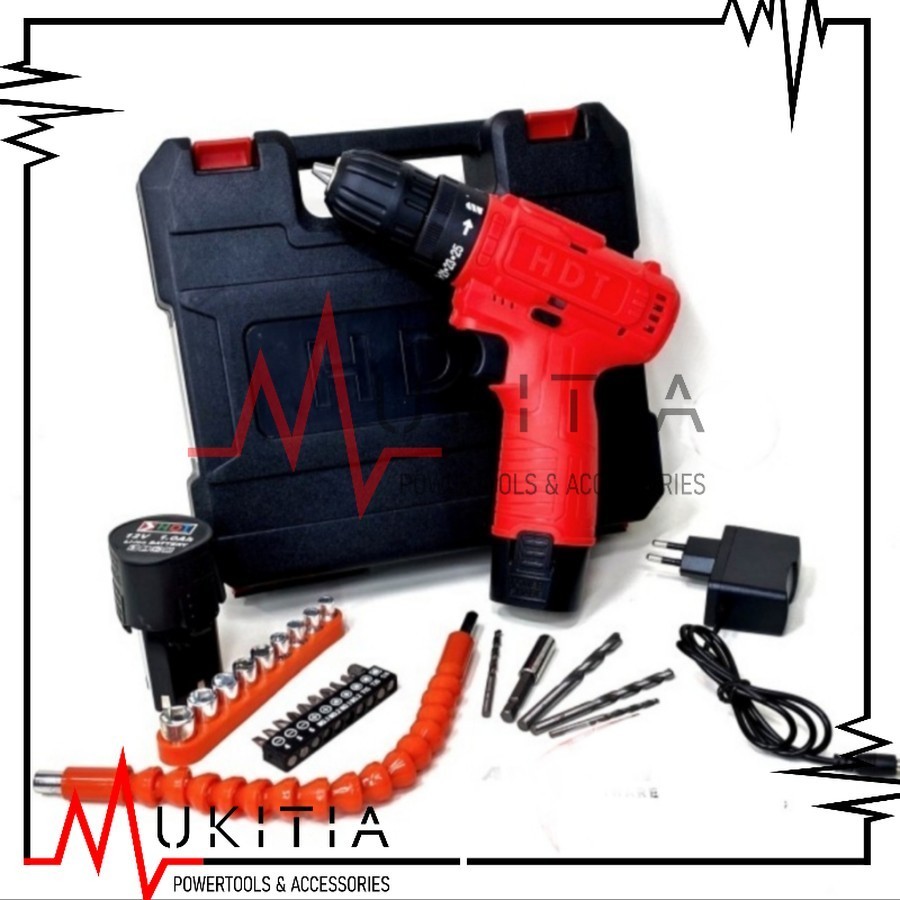 Bor 2 baterai HDT CDD 405 12 Volt HDT CDD 405 Mesin Bor Cordless Cas Charger 12V Set Mata Obeng Bate