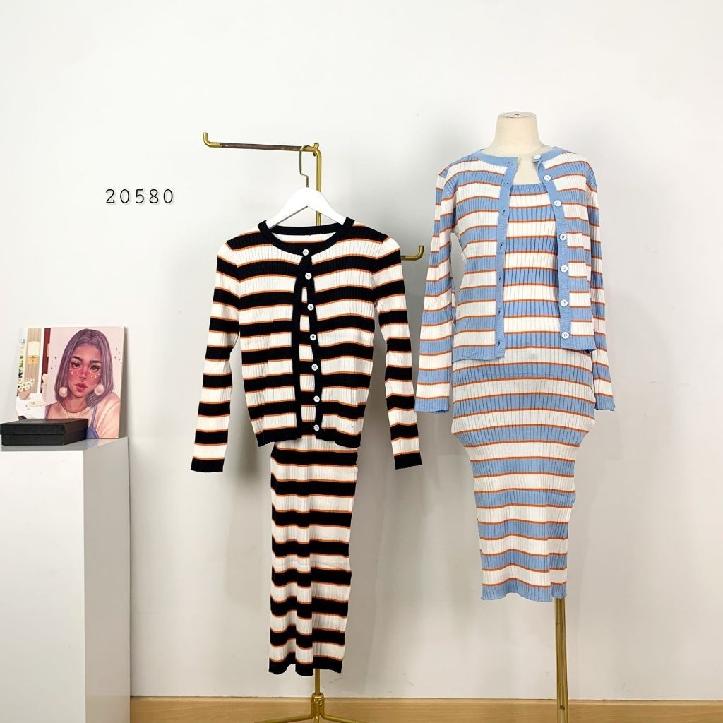 DRESS RAJUT BODYCON 2IN1 FULL MOTIF GARIS GARIS INNER LONG DRESS SATU TALI MIX OUTER CARDI RAJUT LEN