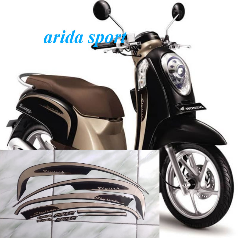striping stiker  honda scoopy  stylish cw fi 2013 hitam gold motif striping original scoopy