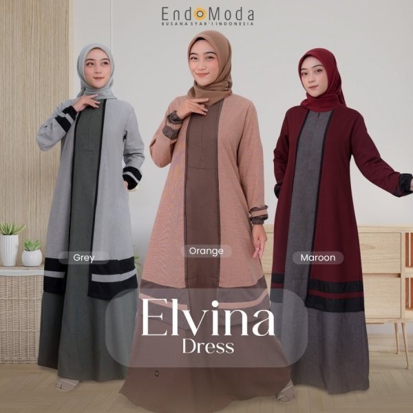 Endomoda-Elvina Dress Grey-Maroon-Orange Cotton Interlist Gamis Wanita Dewasa Kombinasi Baju Muslima