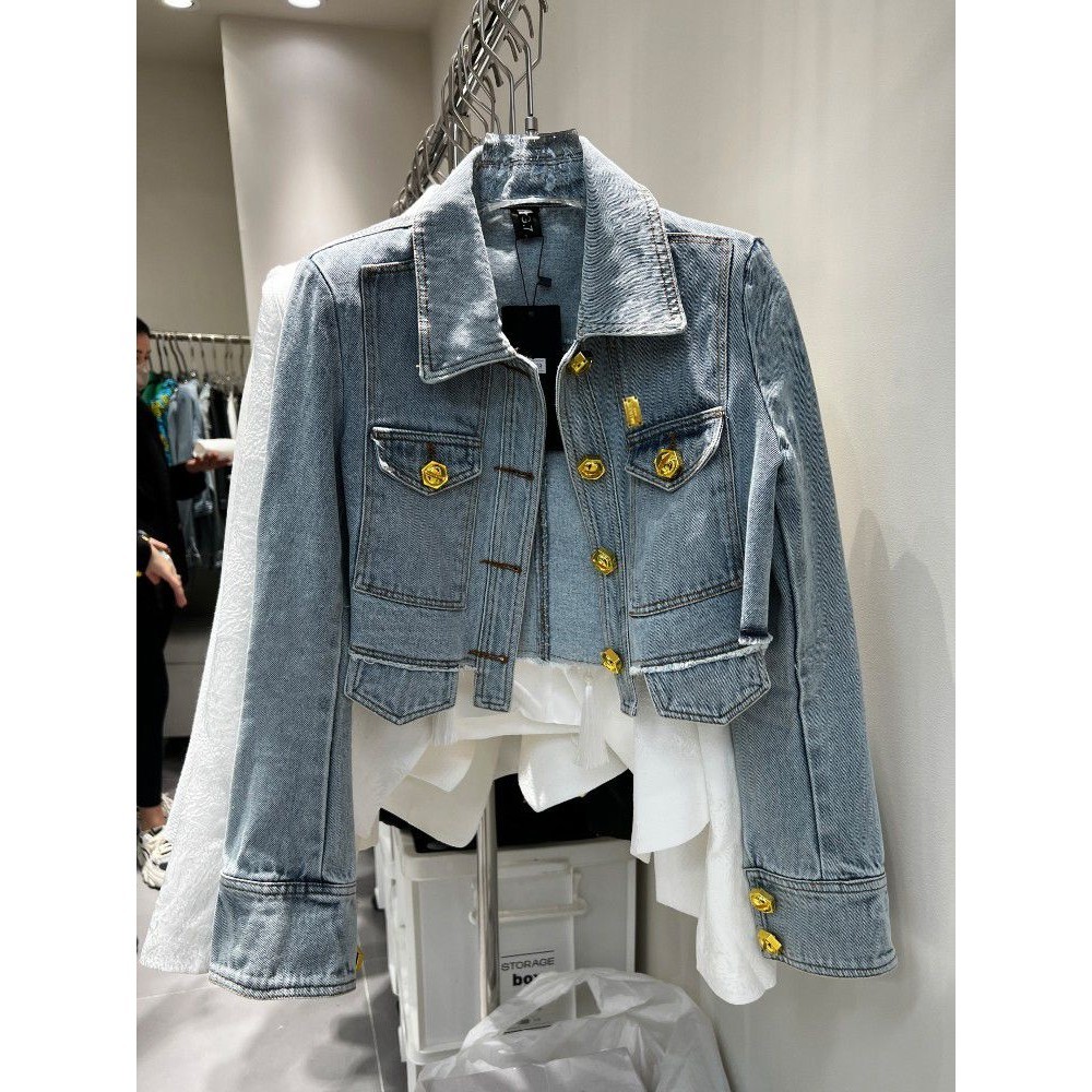 gold buckle short denim jacket for women's slim fit and stylish POLO collar denim top